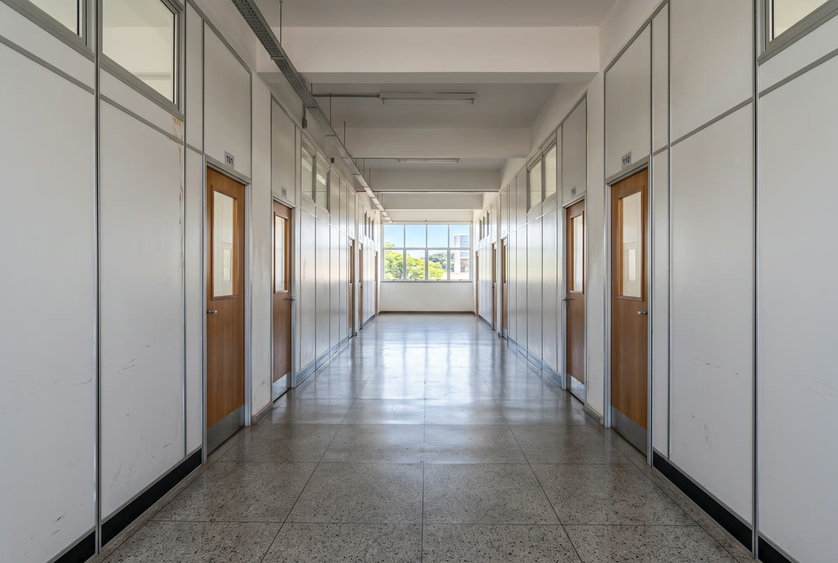 Divisórias de PVC separando salas num corredor de escola