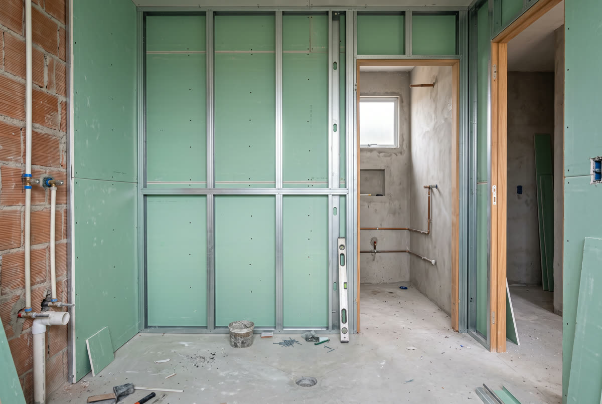 Parede de drywall com chapa verde resistente à umidade num banheiro