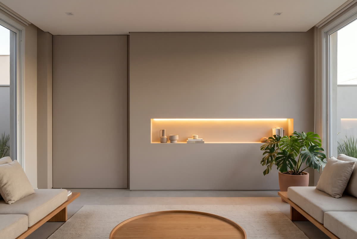 Parede de drywall com nicho e painel embutido numa sala