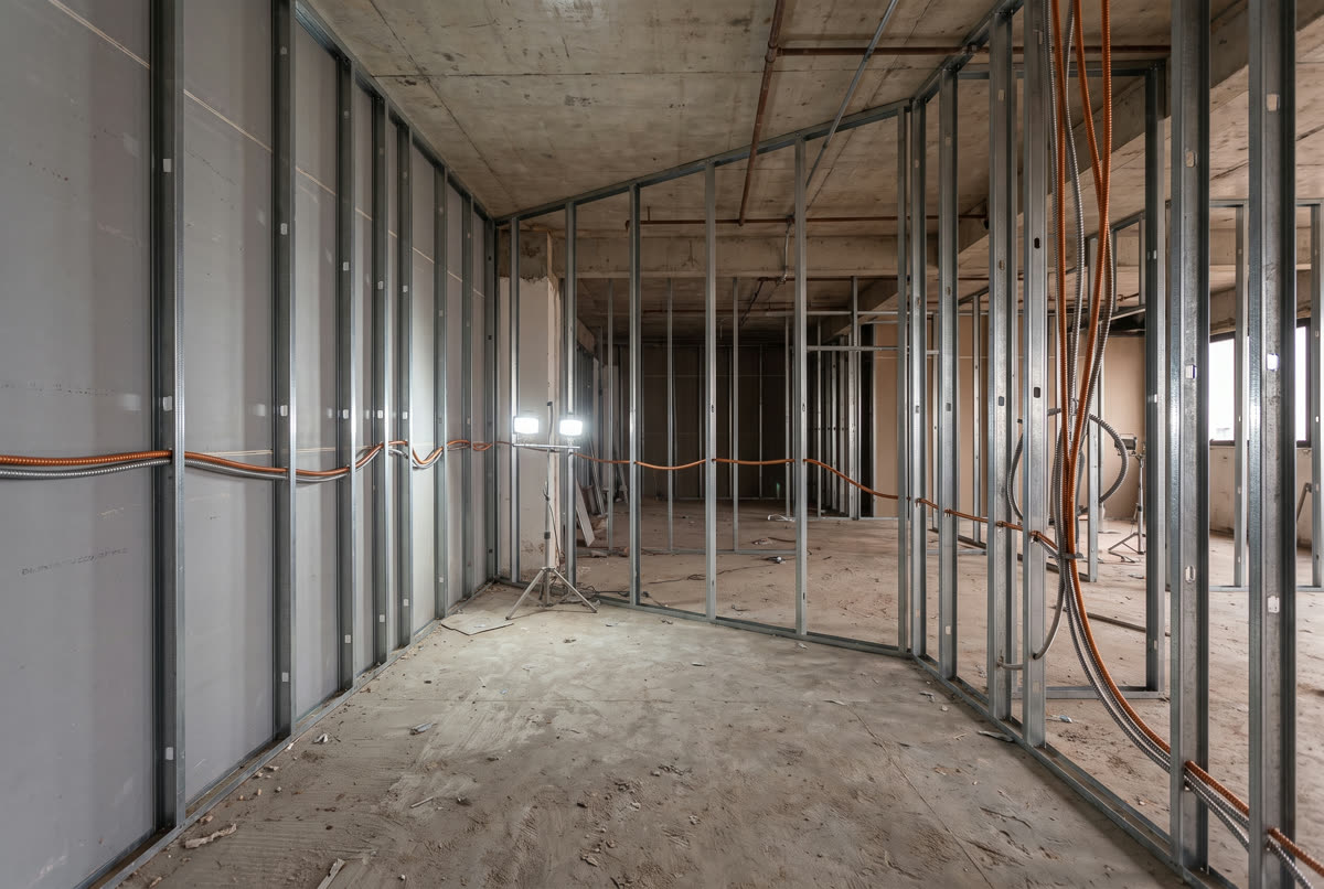Estrutura metálica de drywall aparente durante um retrofit corporativo