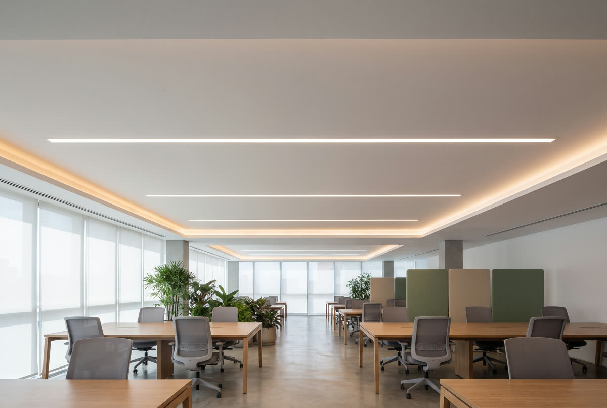 Forro de drywall plano com luminárias embutidas num escritório aberto