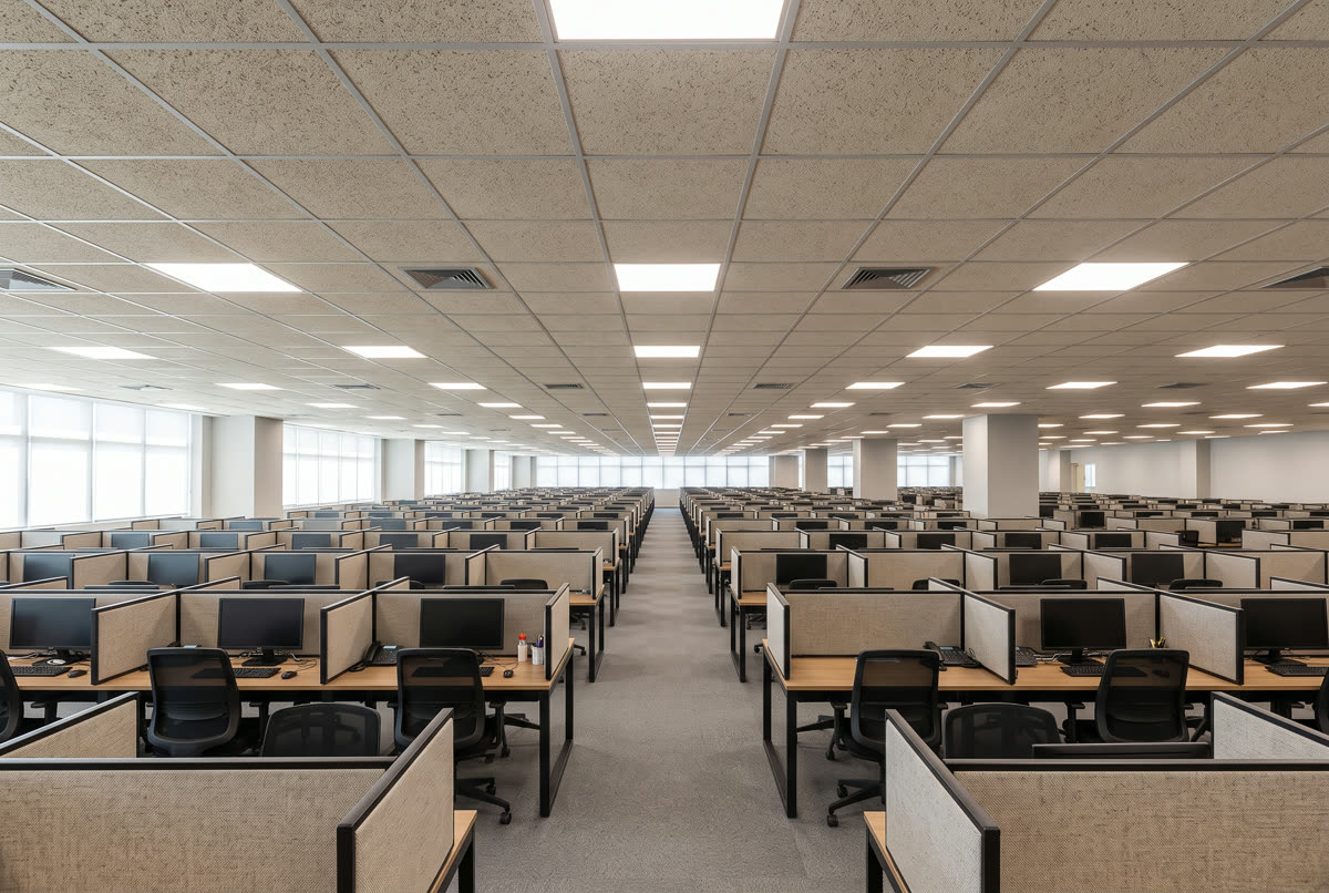 Forro de fibra mineral sobre uma central de atendimento com muitas posições