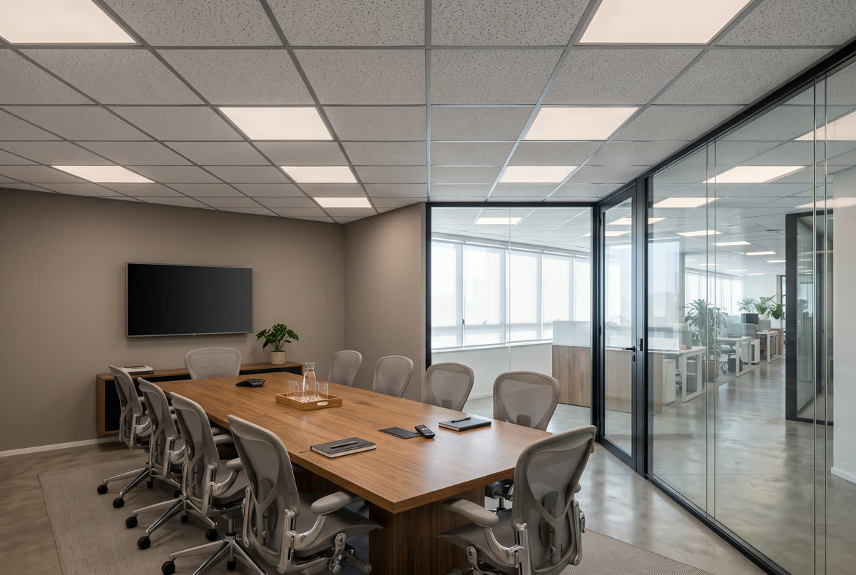Forro de fibra mineral numa sala de reunião fechada